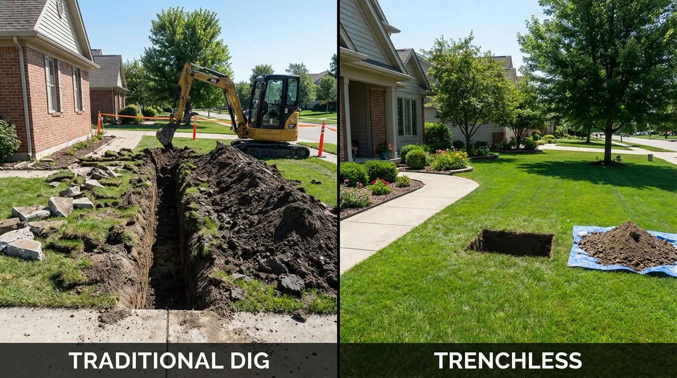 Trenchless sewer repair with minimal yard damage versus traditional excavation in Aberdeen, ID